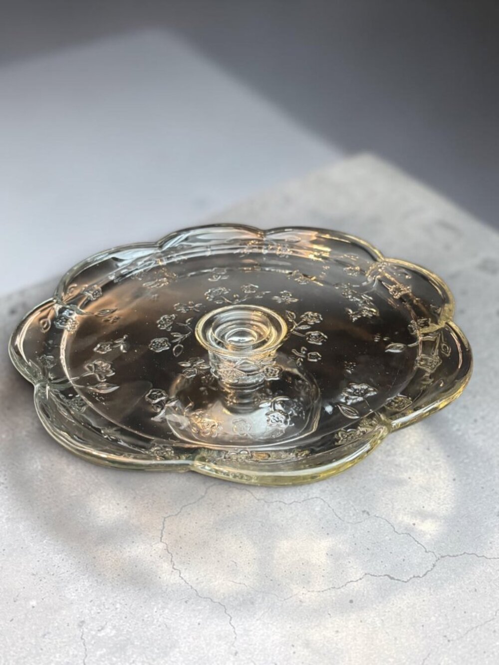 Vintage Clear Glass Pedestal Cake Stand With Floral Embossed & Scalloped Edge